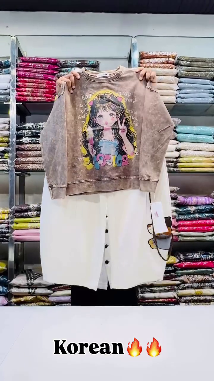 Trendy Korean Style Kids Co-Ord Set with Cartoon Girl Printed Sweatshirt & Comfortable White Button-Detail Shorts for Casual Everyday Wear