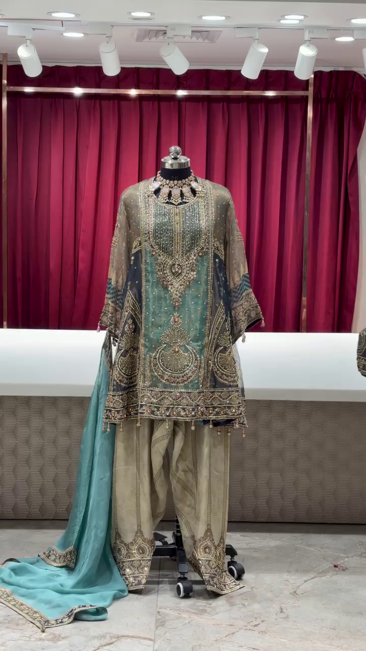 Elegant Teal Blue & Grey Pakistani Designer Suit Set with Heavy Gold Embroidery, Embellished Neckline, Printed Bell Sleeves, Wide-Leg Pants & Matching Dupatta for Wedding and Festive Wear