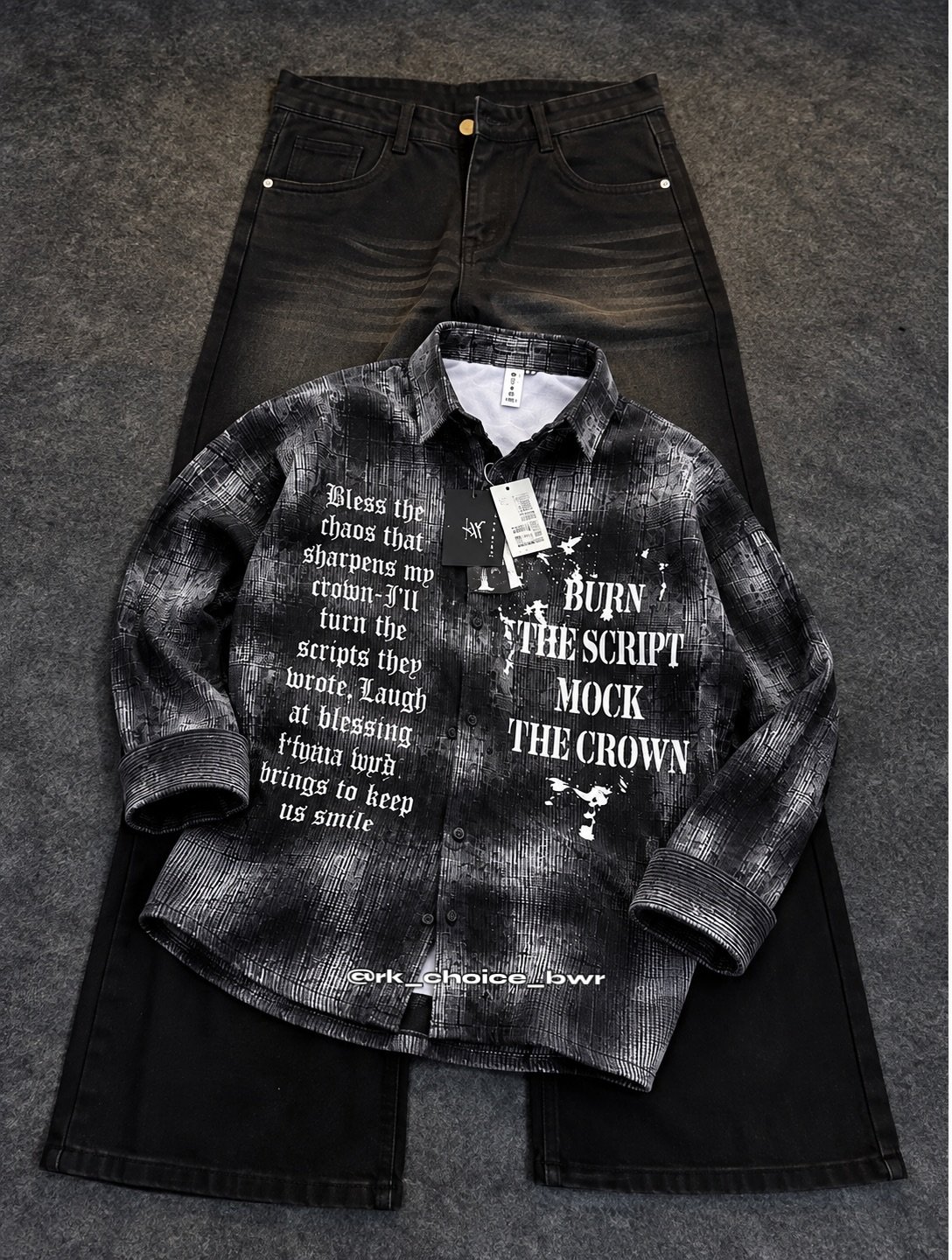 Stylish  Graphic Printed Shirt & Matching Black Jeans Co-Ord Set with Full Sleeves, Button-Down Design, Streetwear Text Print & Trendy Casual Fit for Men