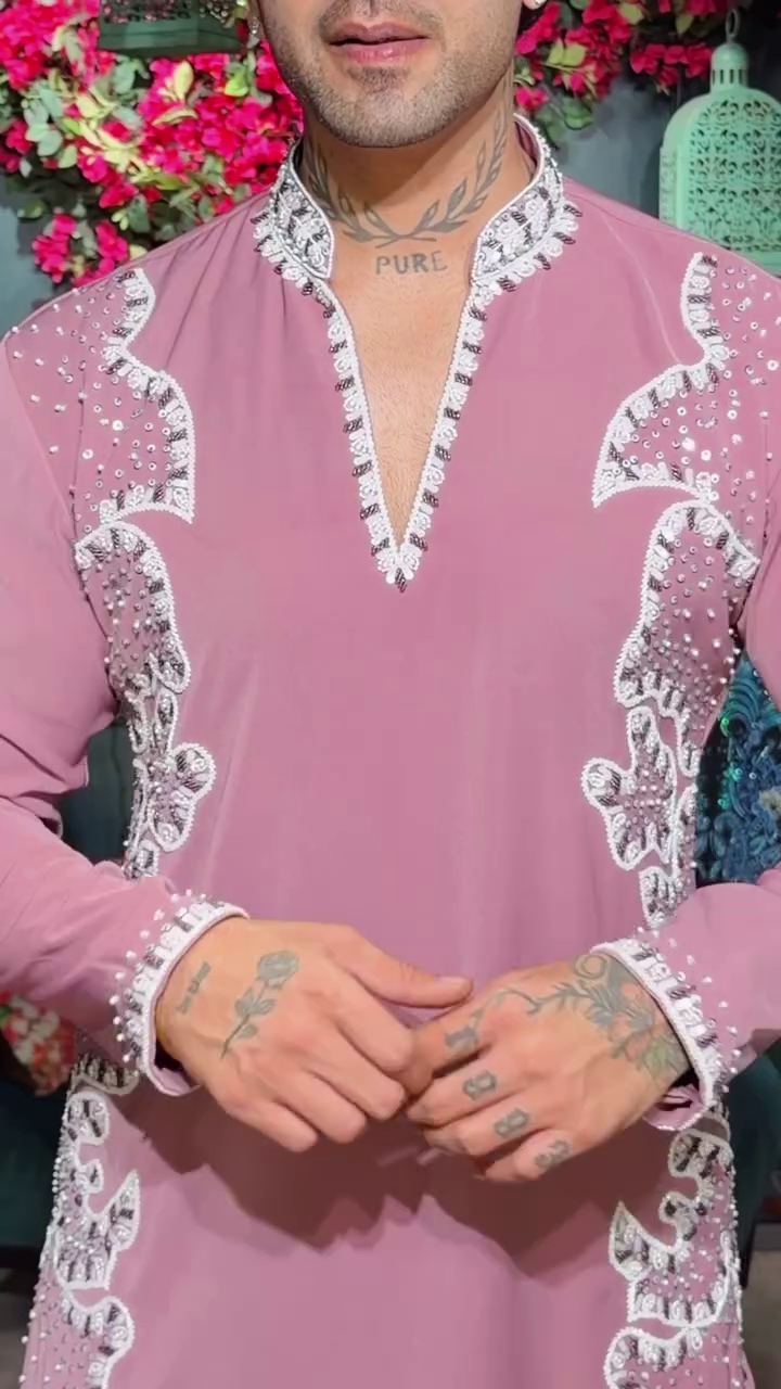 Stylish Dusty Pink Men’s Designer Kurta with Intricate White Embroidery, Elegant V-Neckline, Side Panel Detailing & Full Sleeves for Wedding and Festive Wear
