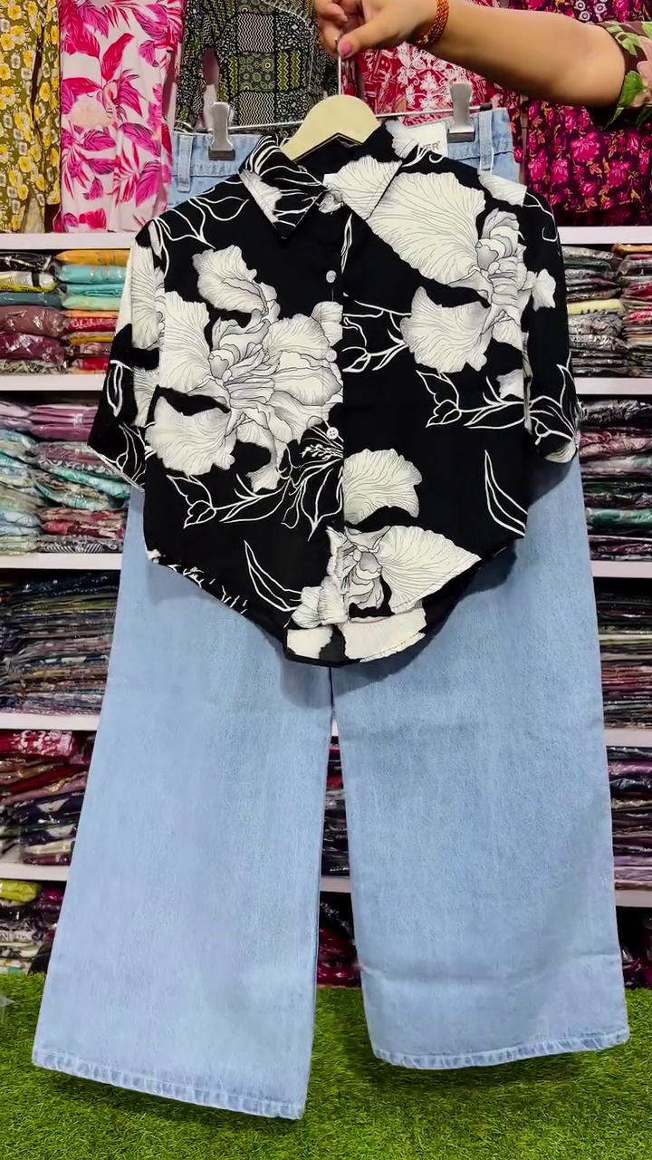 Trendy Women’s Floral Printed Shirt with Light Blue Wide-Leg Jeans Co-Ord Set, Short Sleeve Casual Top, Button-Down Design & Stylish Relaxed Fit for Everyday Fashion