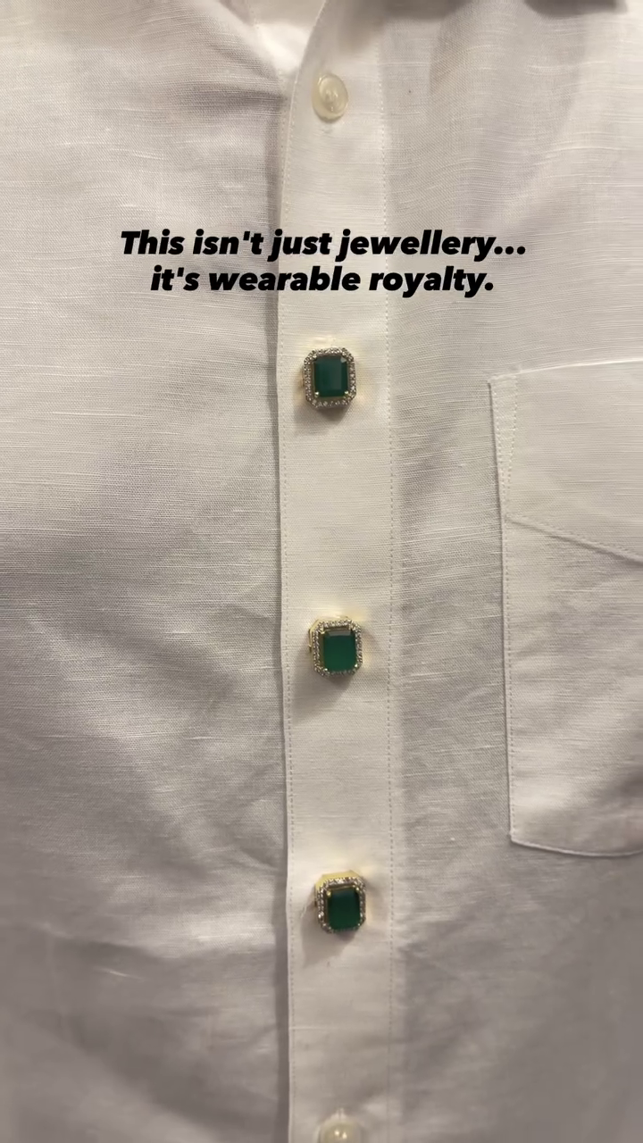 Men’s White Premium Shirt with Green Gemstone Buttons – Elegant Royal Look
