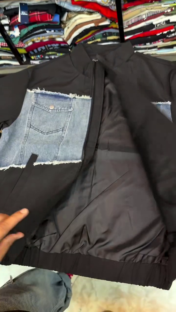 Trendy  Denim Panel Zip-Up Shirt for Modern Casual Style