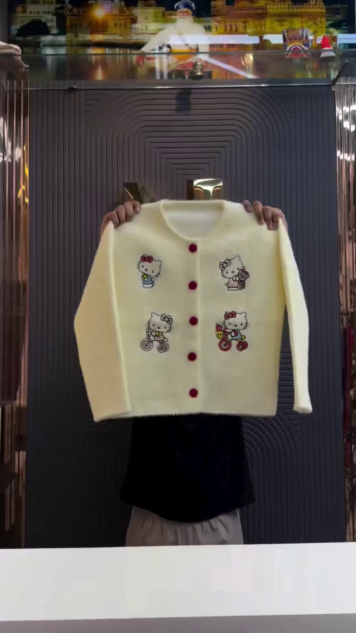 Cute Cartoon Printed Cardigan for Girls & Women – Stylish Button-Front Full Sleeve Winter Knitwear