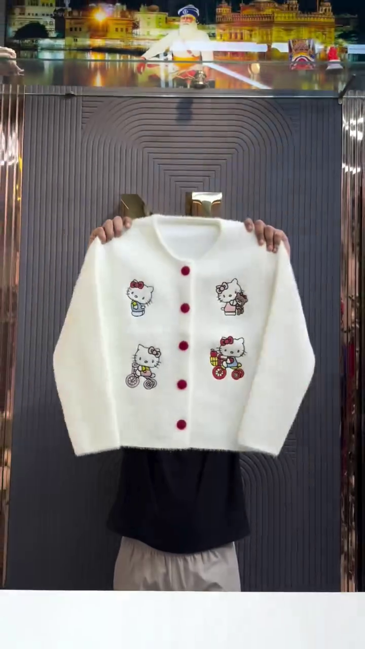 Cute Cartoon Printed Cardigan for Girls & Women – Stylish Button-Front Full Sleeve Winter Knitwear
