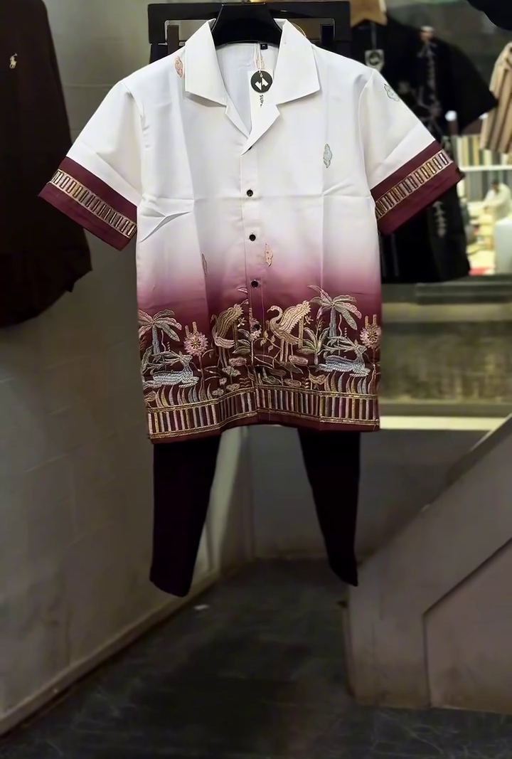 Premium Men’s Casual Shirt & Pant Set with Elegant Gradient Print, Stylish Embroidered Detailing
