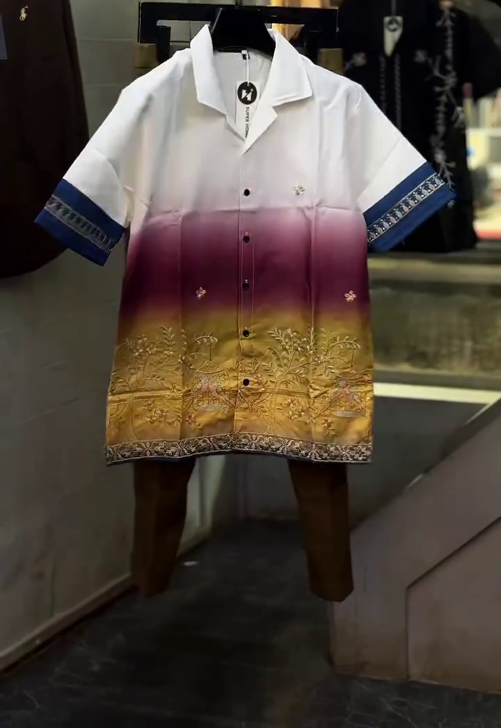 Premium Men’s Casual Shirt & Pant Set with Elegant Gradient Print, Stylish Embroidered Detailing
