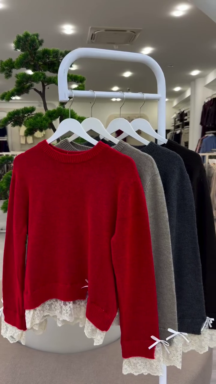 Elegant Knit Sweater with Delicate White Lace Hem and Sleeve Details for a Chic Feminine Winter Look