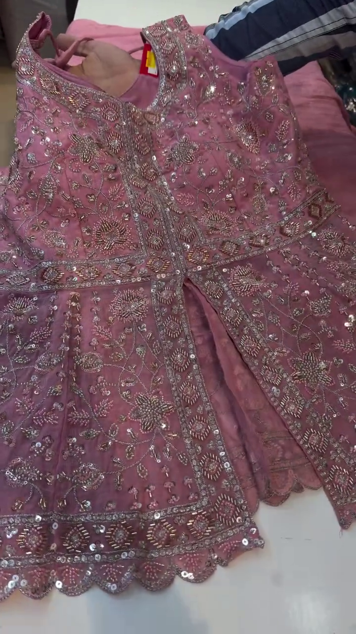 Elegant Dusty Rose Embroidered Ethnic Suit with Intricate Sequin Floral Work and Luxurious Decorative Borders