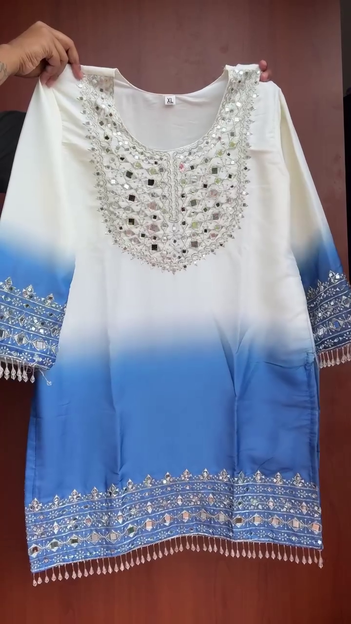 Elegant White and Blue Ombre Kurta with Intricate Mirror Work, Embroidered Borders and Delicate Hanging Tassel Details