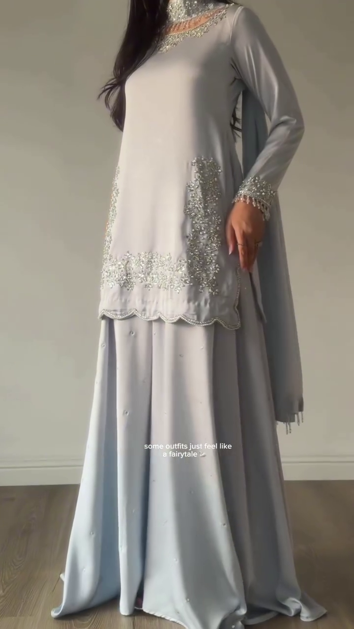 Elegant Silver-Grey Embroidered Sharara Suit – Graceful Festive & Party Wear