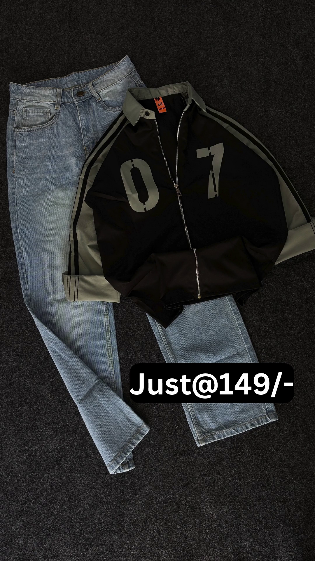 Trendy Black & Grey Track Jacket with Classic Light Blue Denim Jeans – Stylish Casual Outfit