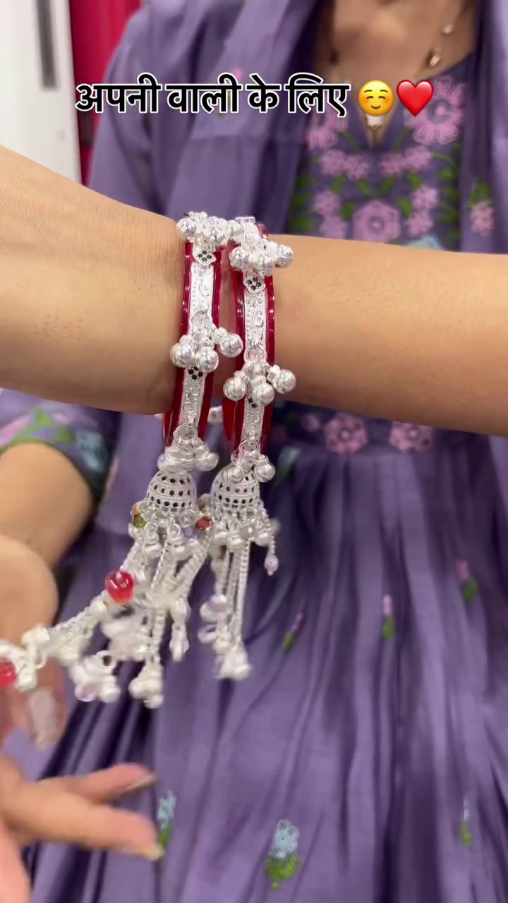 Traditional Red & Silver Oxidised Bangles with Elegant Hanging Charms – Perfect Festive Jewellery for Women