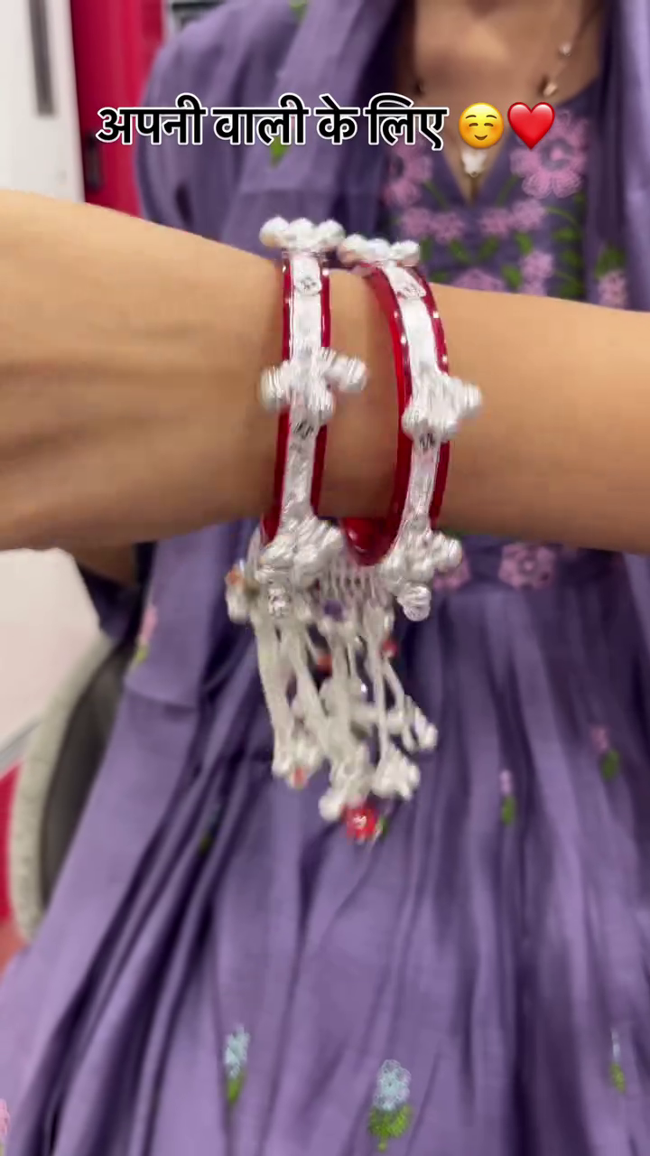 Traditional Red & Silver Oxidised Bangles with Elegant Hanging Charms – Perfect Festive Jewellery for Women
