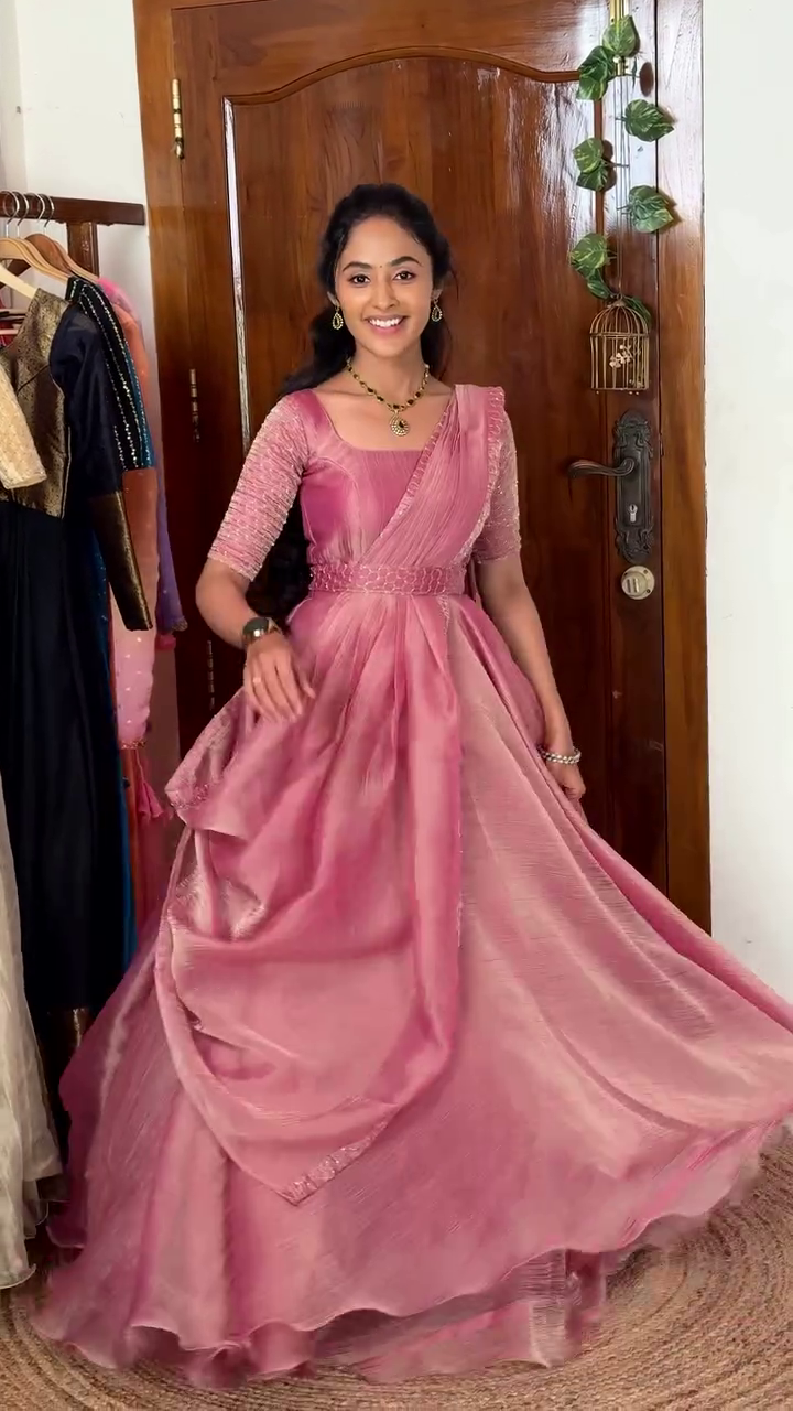 Gorgeous Silk-Style Gown Saree with Elegant Shimmer Detailing – A Royal Ethnic Look