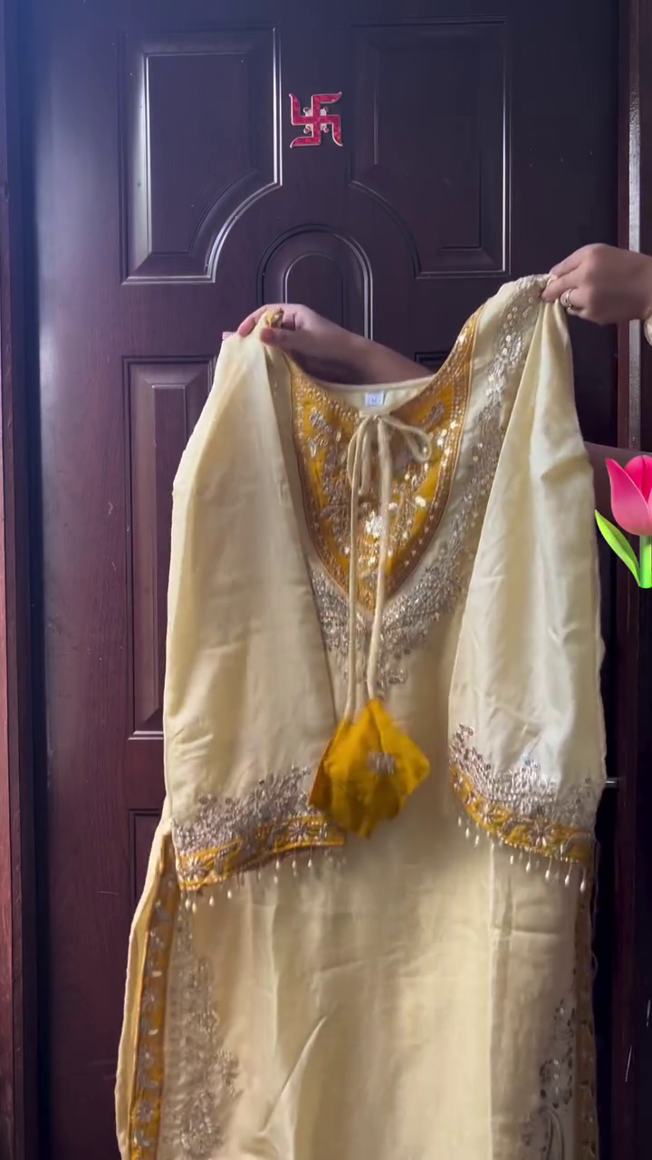 Elegant Cream and Mustard Ethnic Kurti with Intricate Embroidery, Mirror Work and Traditional Tassel Detailing