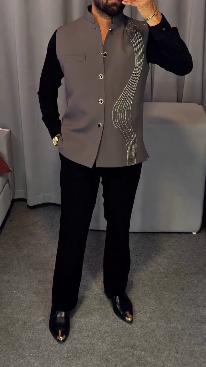 Elegant Grey Designer Ethnic Nehru Jacket for Men with Stylish Embellished Detailing