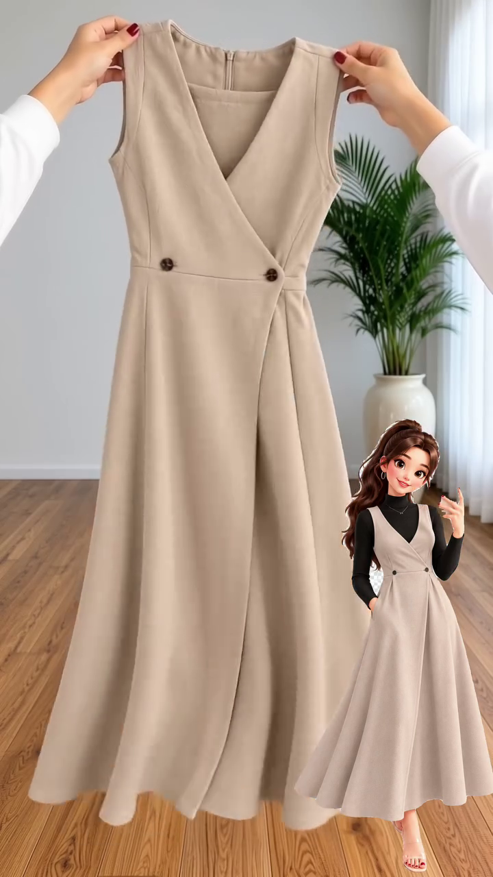 Elegant Beige Sleeveless Wrap Maxi Dress with Black Ribbed Top – Chic, Minimalist & Classy Outfit for Women