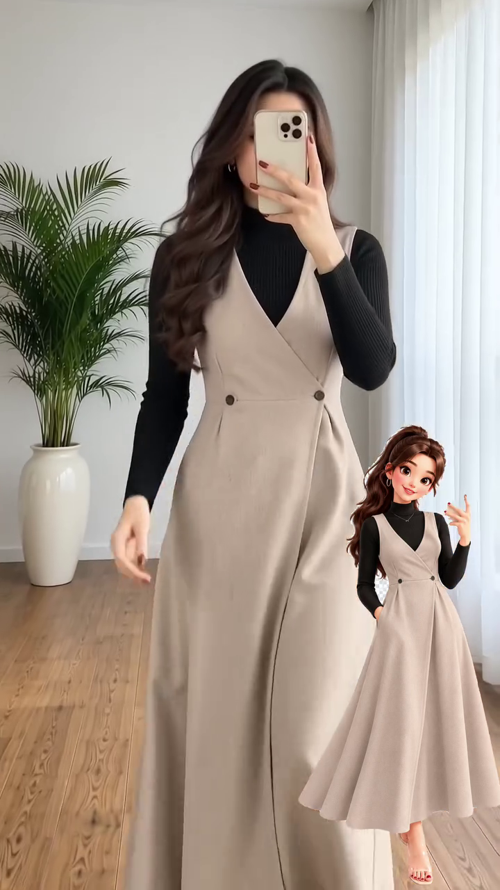 Elegant Beige Sleeveless Wrap Maxi Dress with Black Ribbed Top – Chic, Minimalist & Classy Outfit for Women