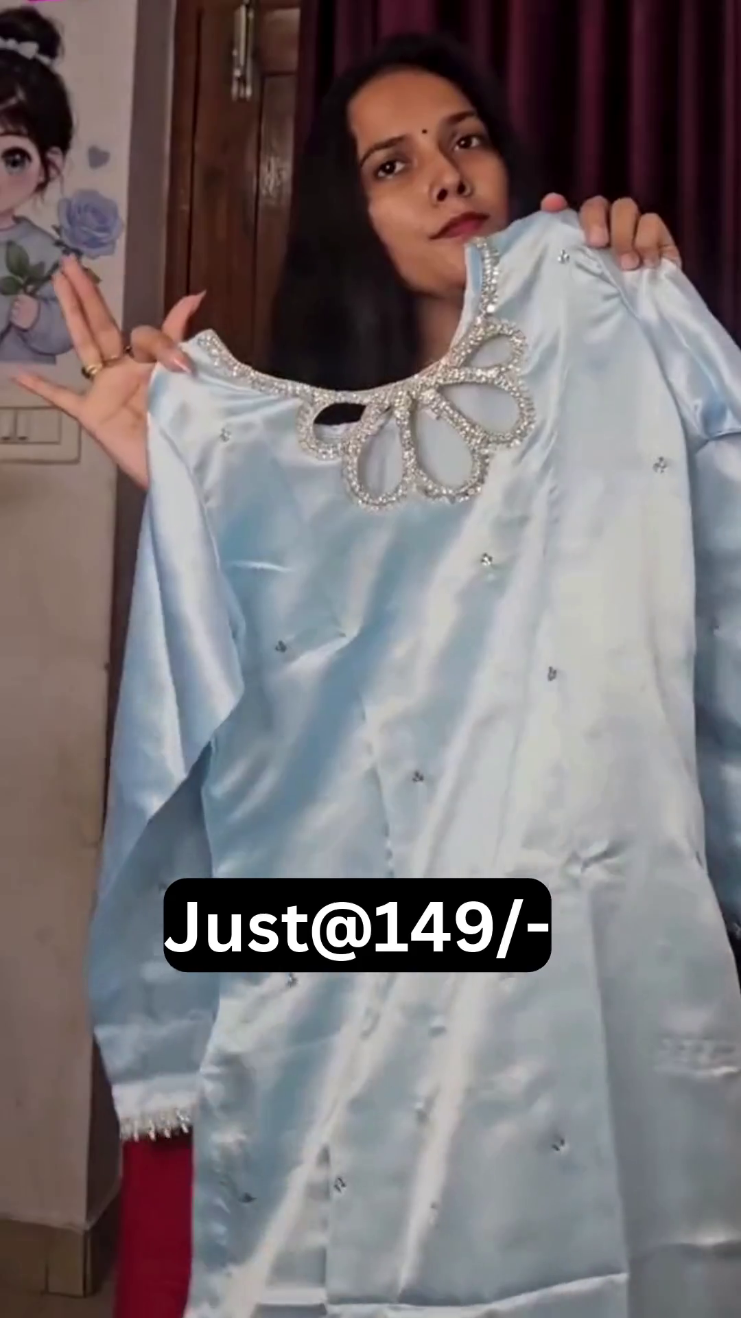 Elegant Sky Blue Satin Kurti with Stunning Rhinestone Floral Neckline and Delicate Embellishments – A Chic Ethnic Wear Choice for Every Occasion
