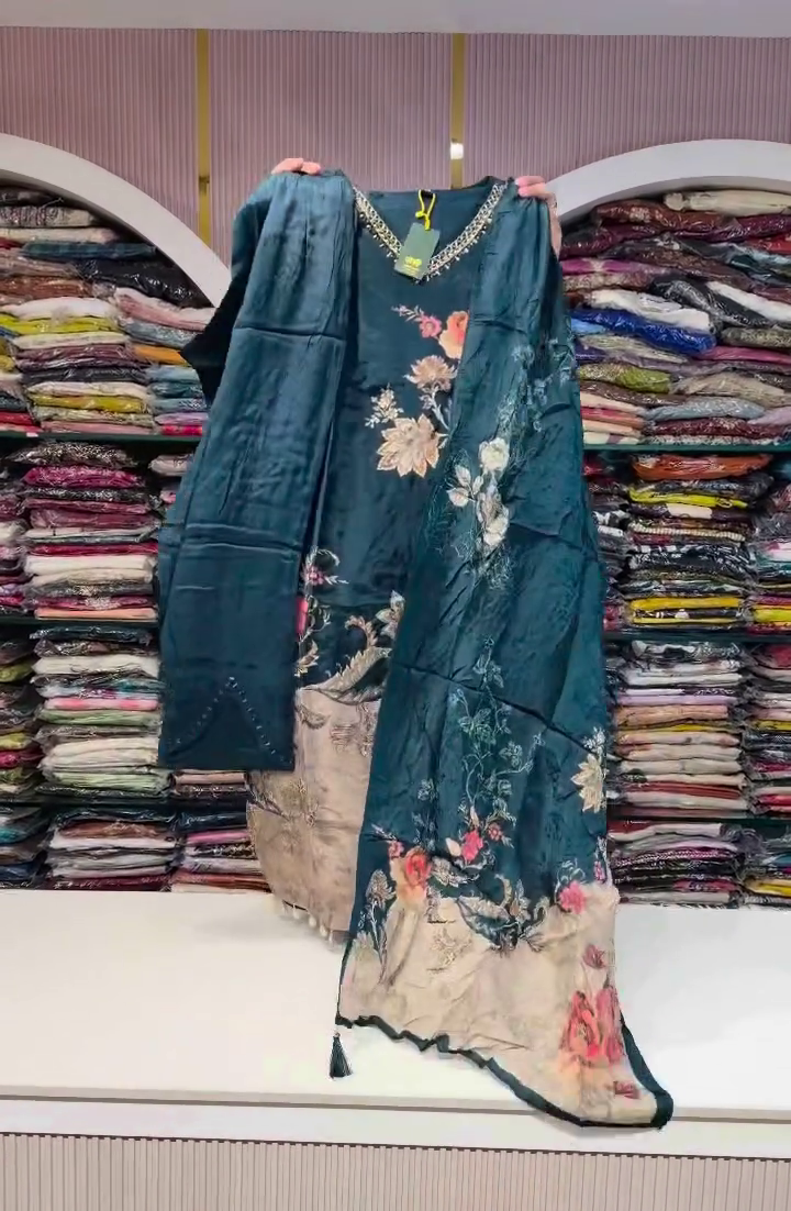 Elegant Teal Blue Floral Printed Salwar Suit Set with Beige Border, Designer Dupatta and Beautiful Embroidery for Women