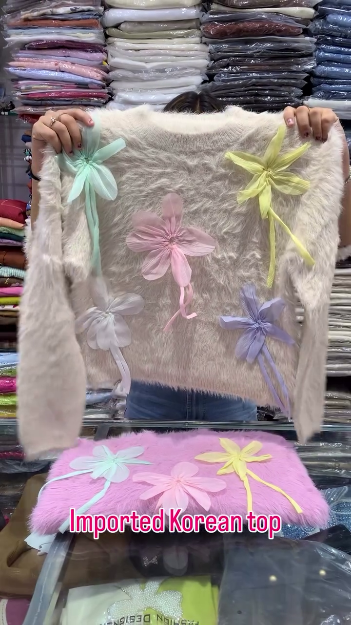 Imported Korean Pink Fuzzy Floral Sweater for Girls | Trendy Korean Fashion