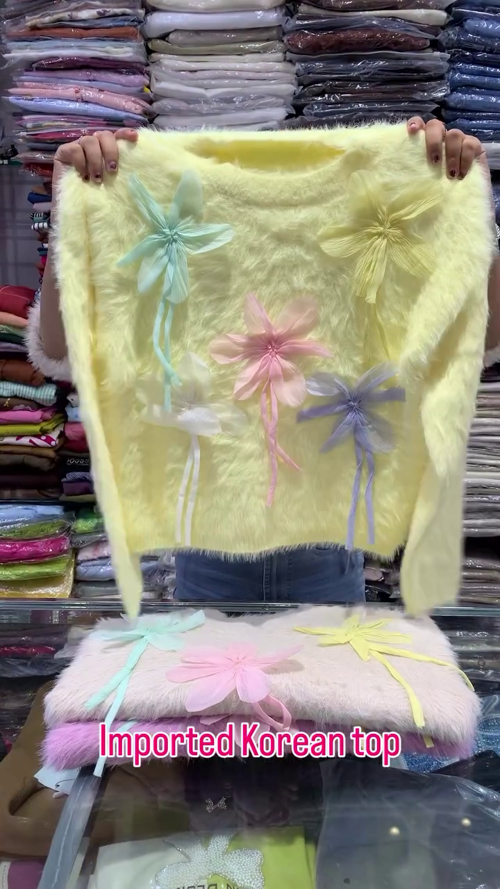 Imported Korean Pink Fuzzy Floral Sweater for Girls | Trendy Korean Fashion