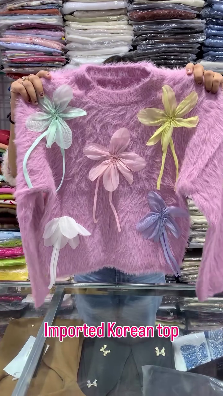 Imported Korean Pink Fuzzy Floral Sweater for Girls | Trendy Korean Fashion