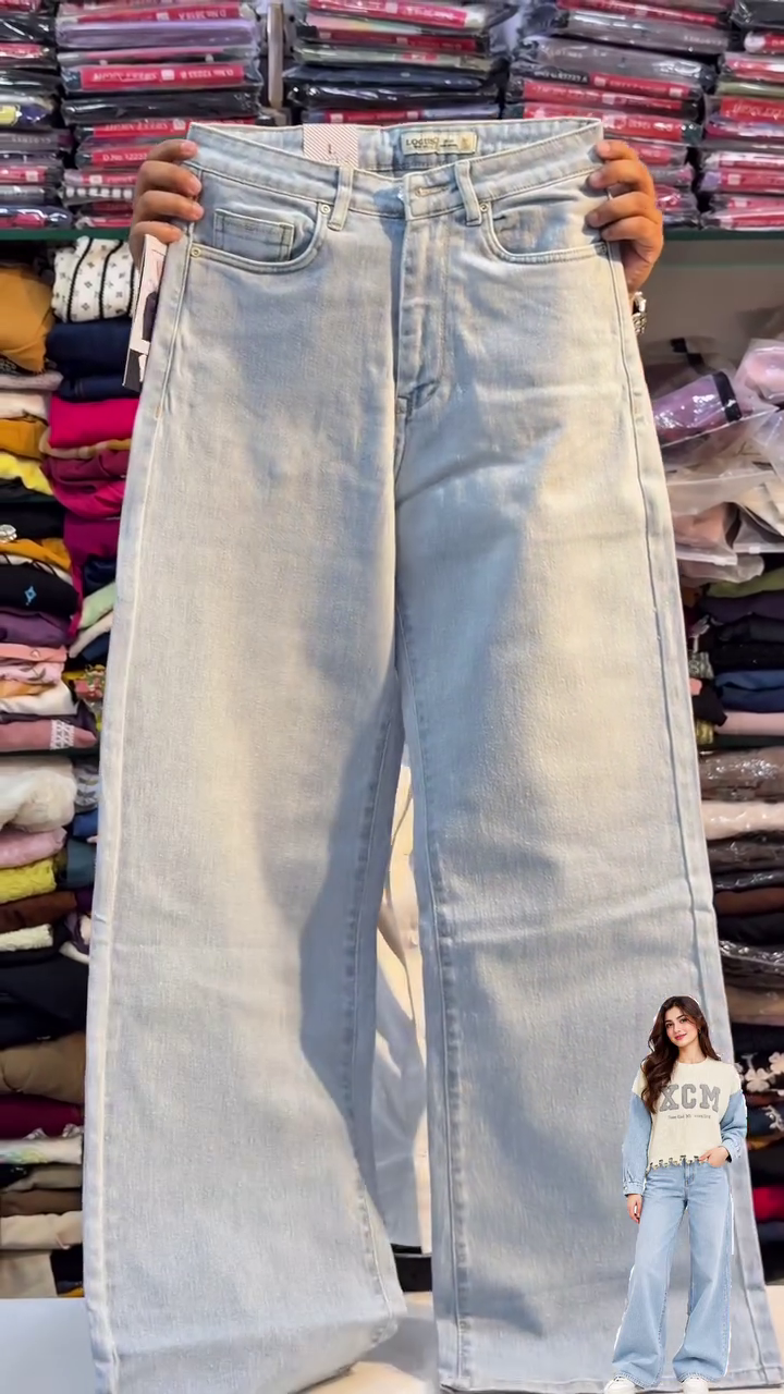 Trendy Korean XCM Sweater with Denim Sleeves and Wide-Leg Jeans Set