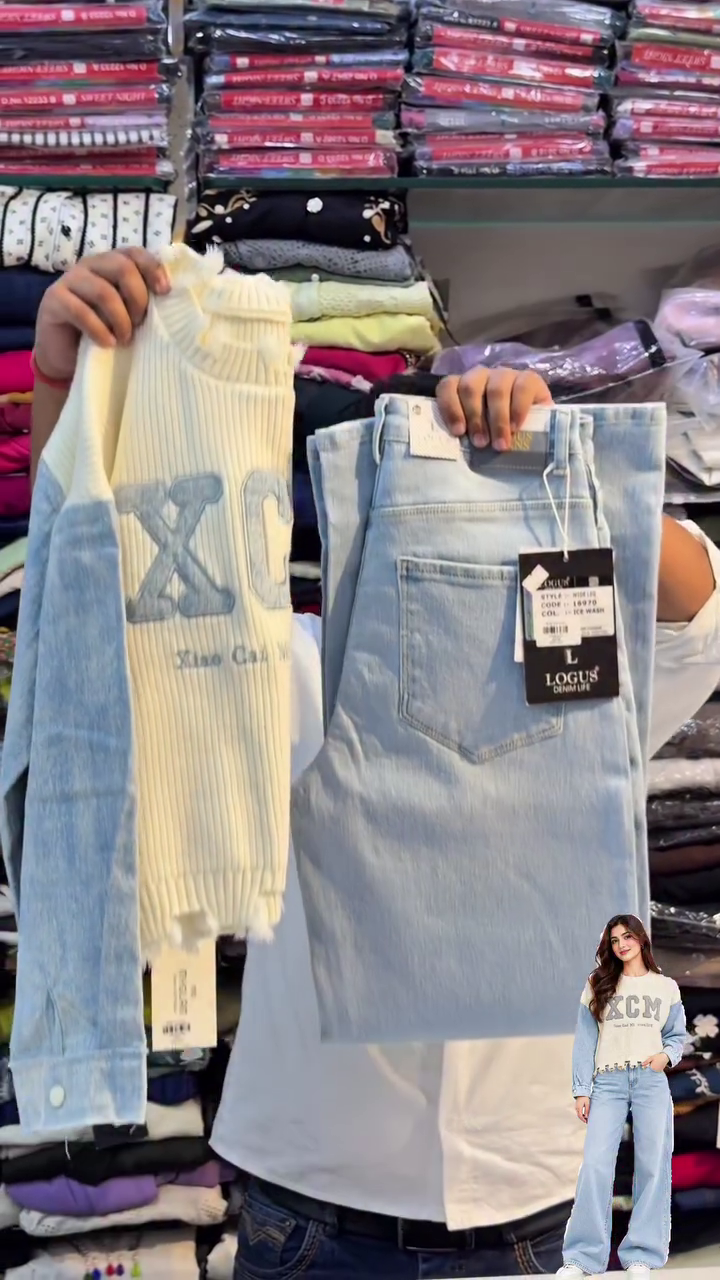 Trendy Korean XCM Sweater with Denim Sleeves and Wide-Leg Jeans Set