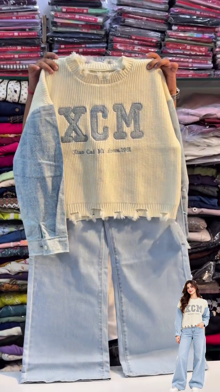 Trendy Korean XCM Sweater with Denim Sleeves and Wide-Leg Jeans Set