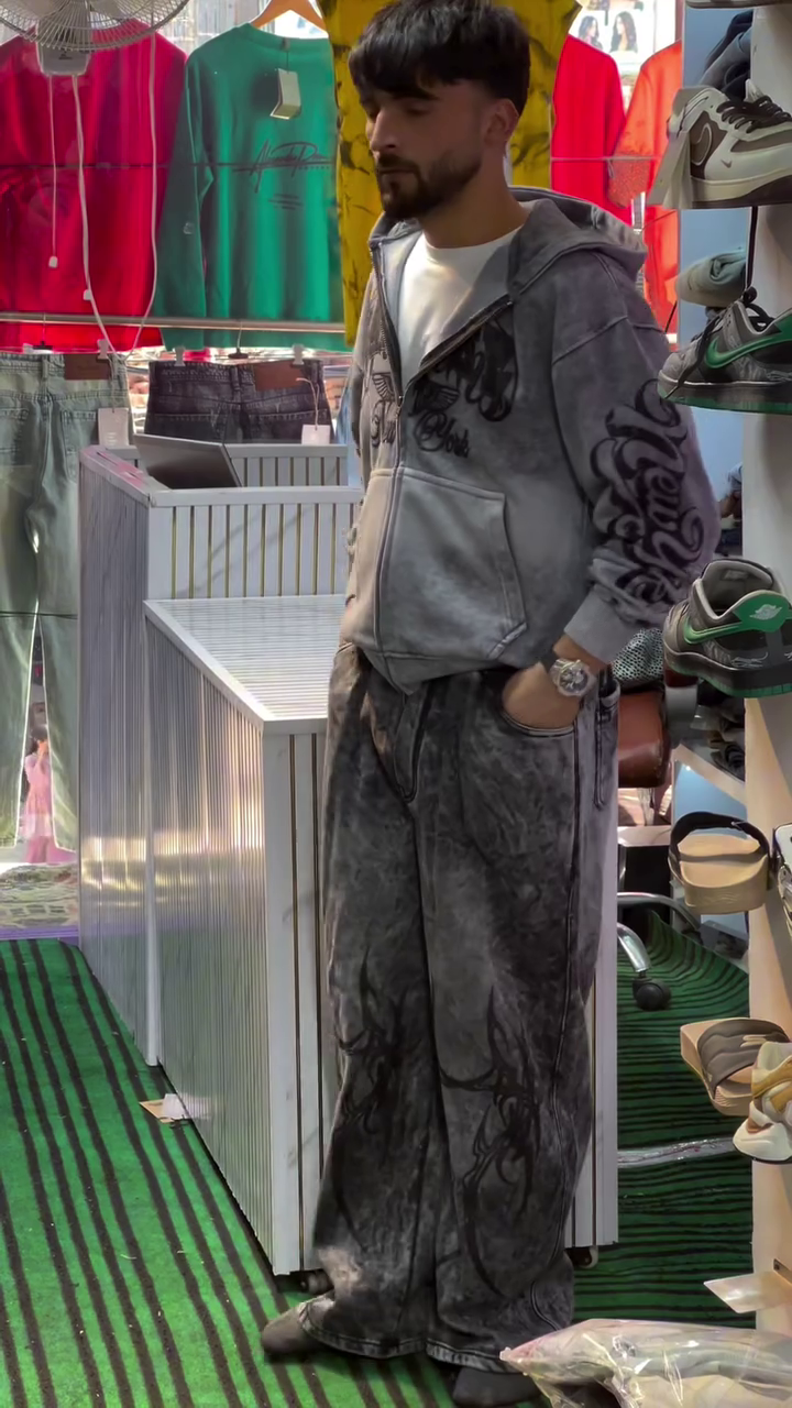Trendy Grey Acid-Wash Hoodie and Baggy Pants Co-Ord Set for Men