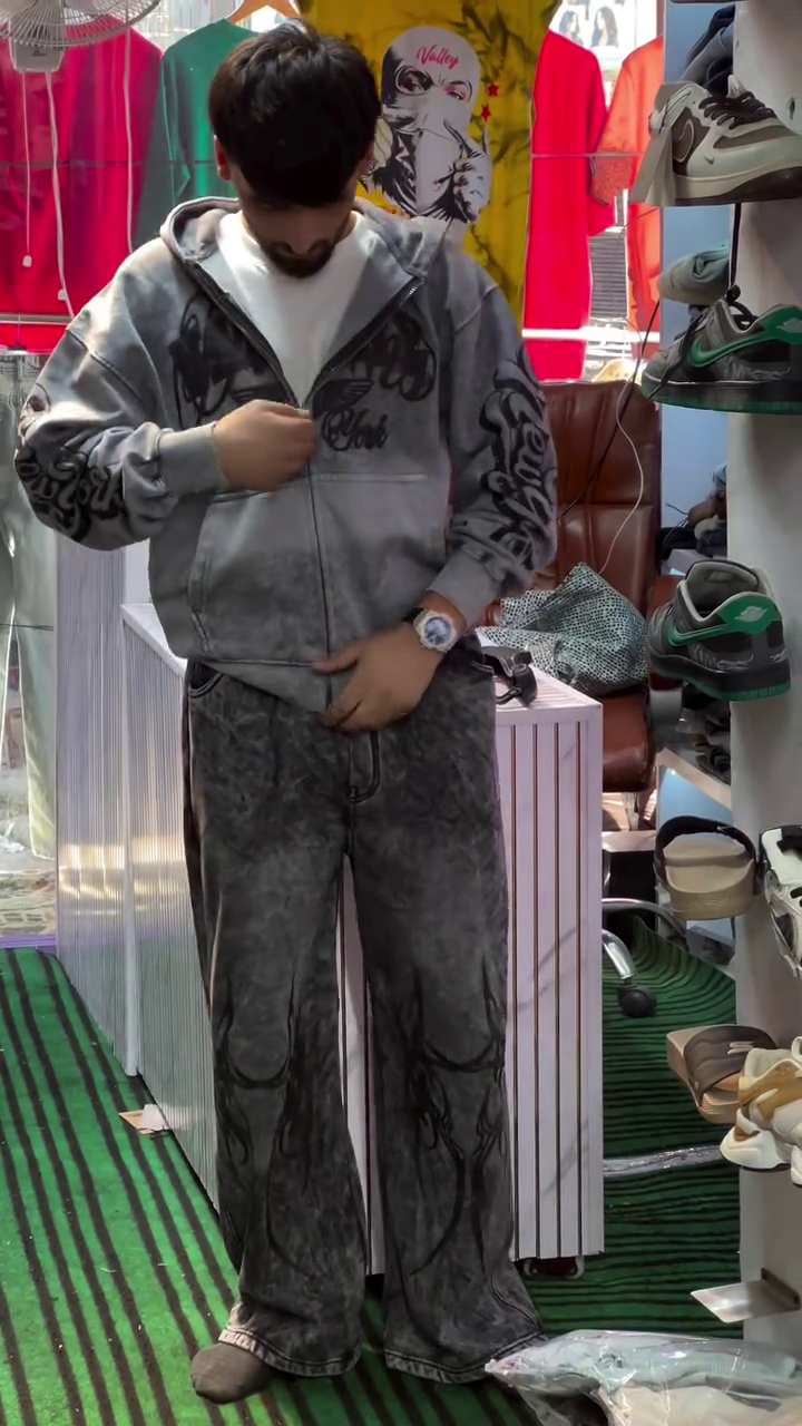 Trendy Grey Acid-Wash Hoodie and Baggy Pants Co-Ord Set for Men