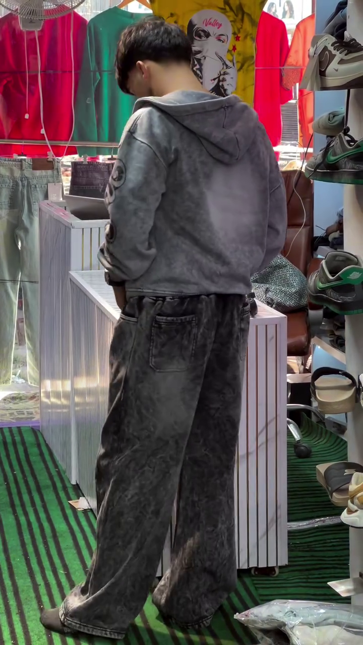 Trendy Grey Acid-Wash Hoodie and Baggy Pants Co-Ord Set for Men