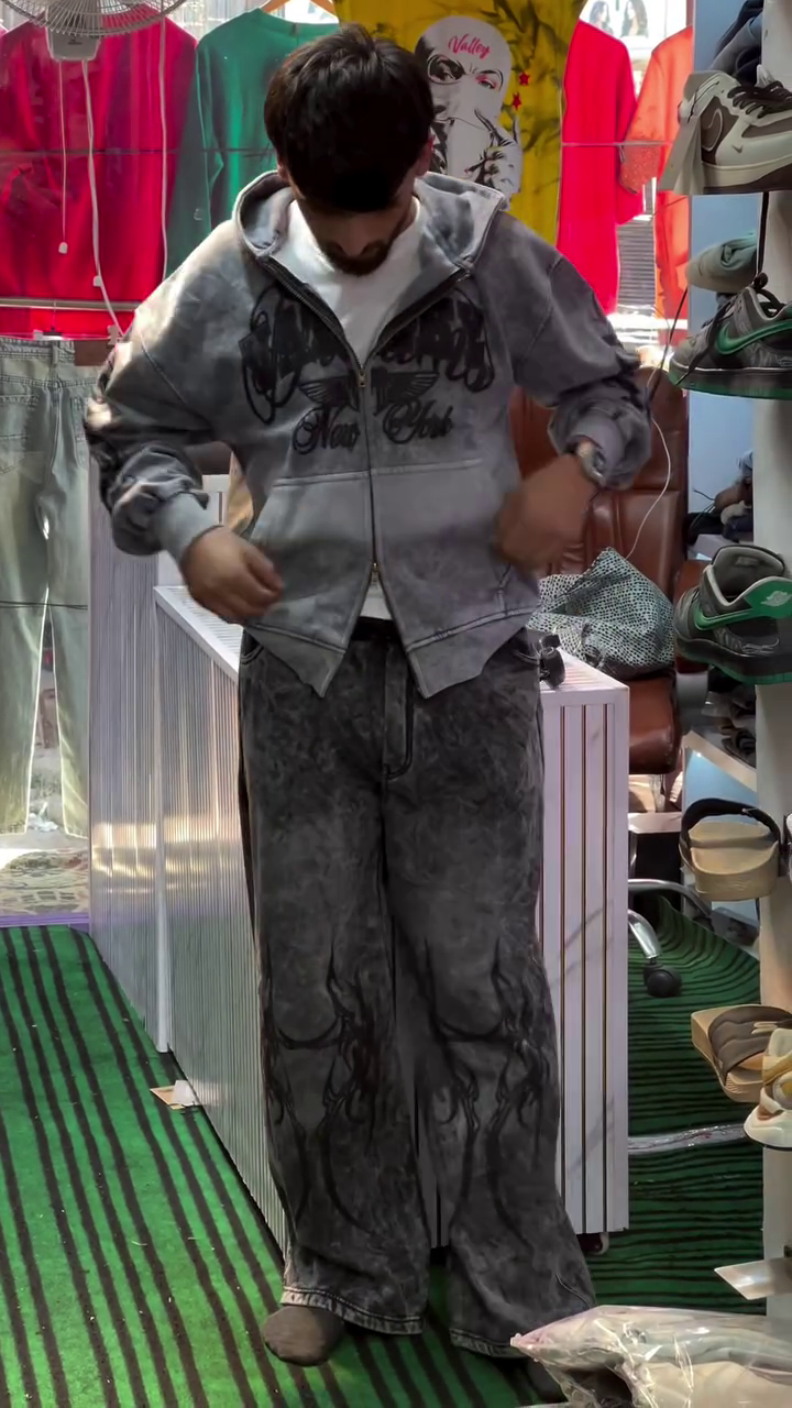 Trendy Grey Acid-Wash Hoodie and Baggy Pants Co-Ord Set for Men