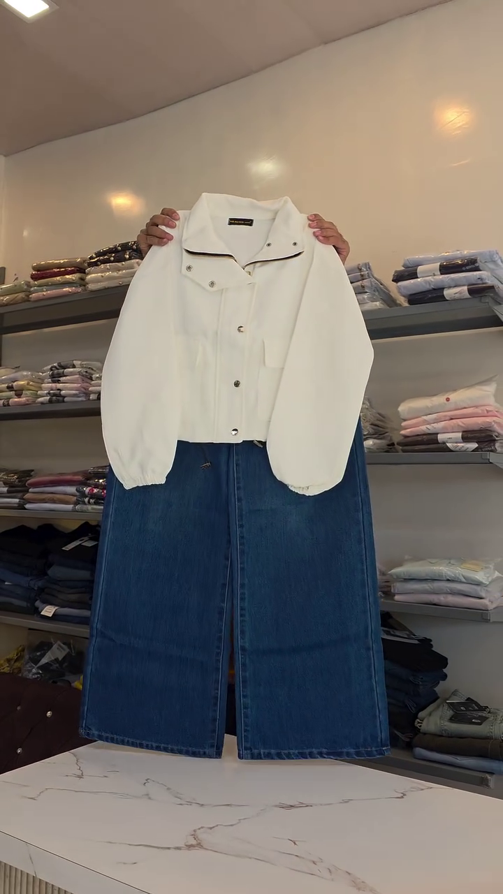 Trendy White Cropped Jacket with Blue Wide-Leg Denim Jeans for Women