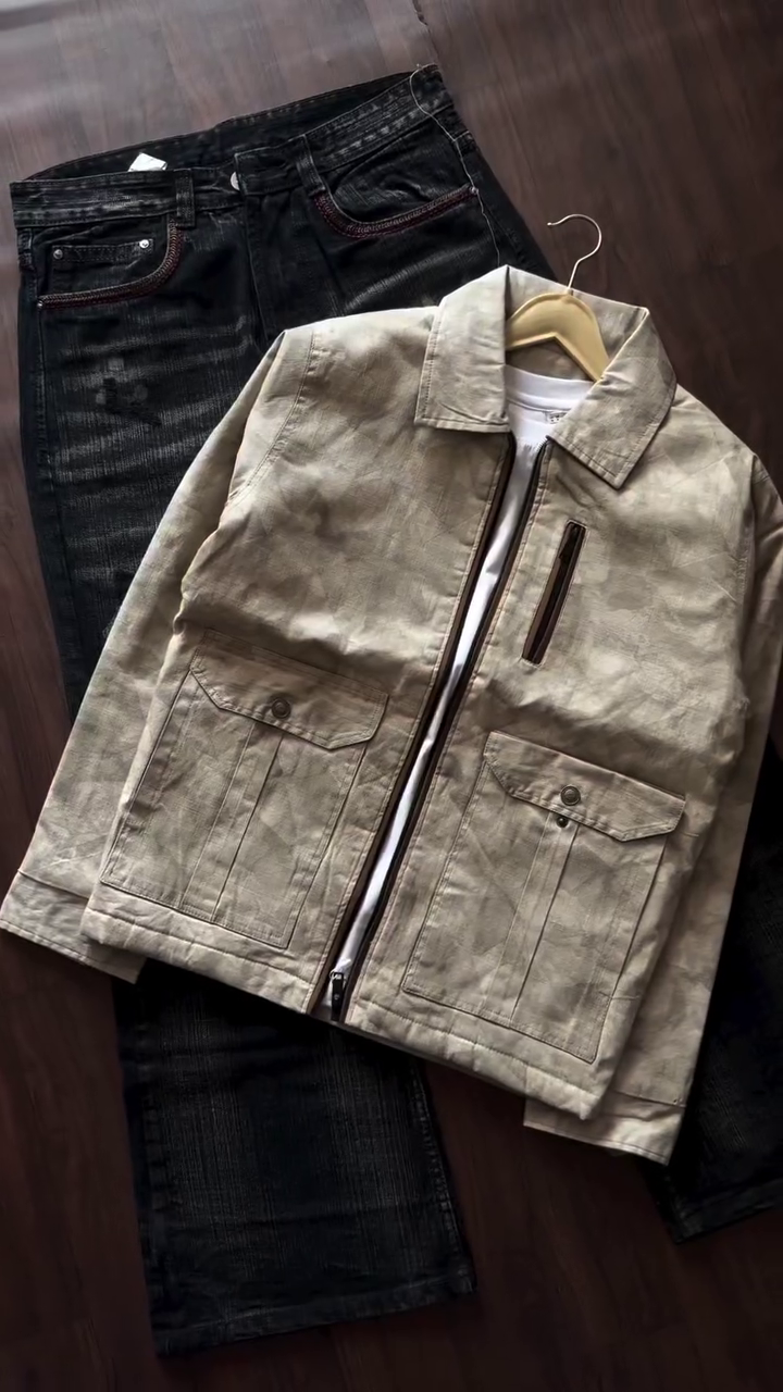 Trendy Beige Utility Jacket with Black Washed Jeans | Men's Streetwear Outfit