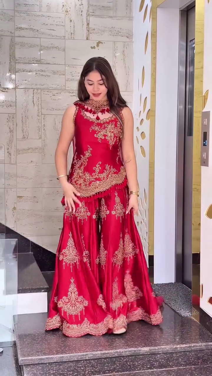 Royal Red Embroidered Lehenga Palazzo Set for Weddings, Parties and Festive Celebrations