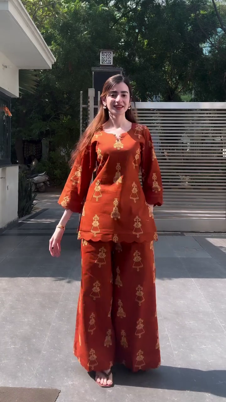Trendy Rust Orange Kurti and Palazzo Set for Women | Ethnic Printed Co-Ord Outfit