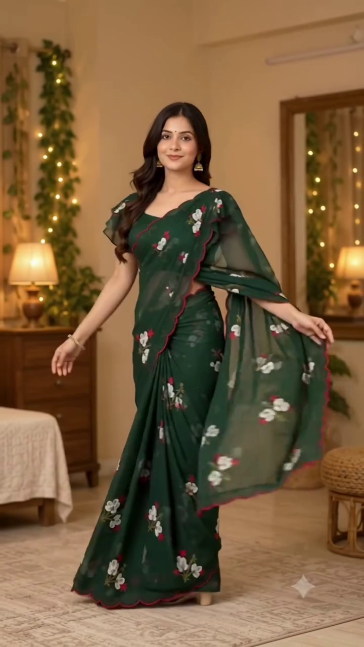Elegant Dark Green Floral Saree with Red Scalloped Border
