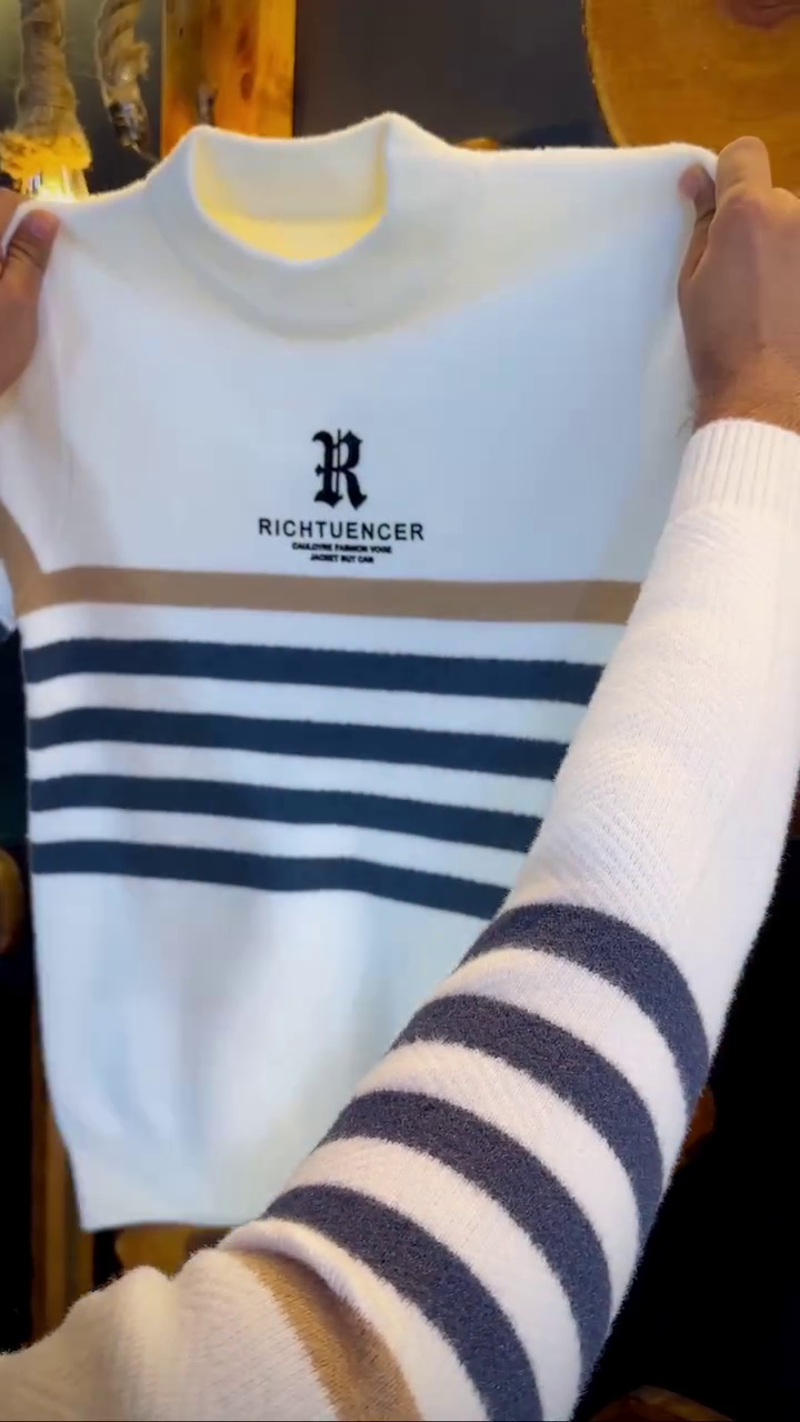 Stylish Grey and White Striped Sweater for Men