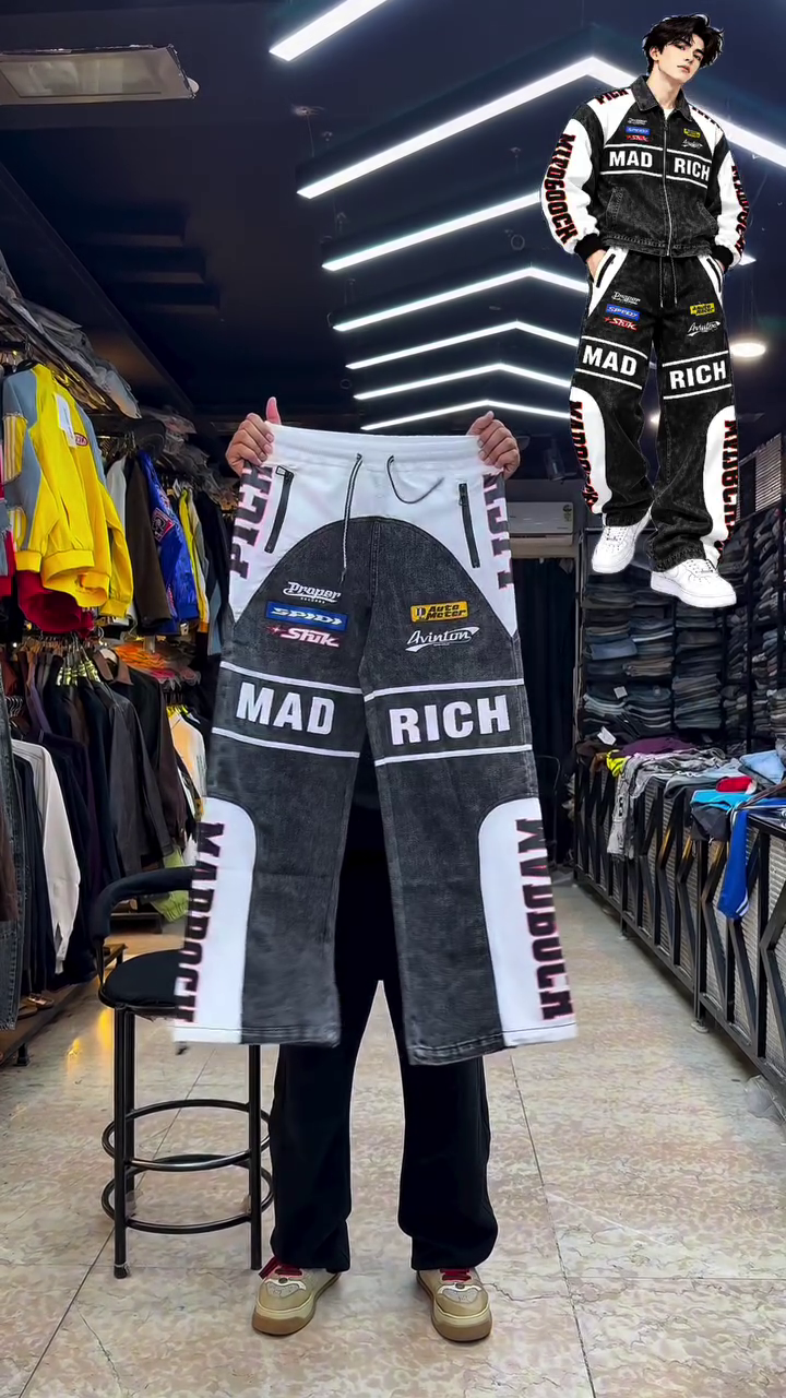 Bold Black and Grey Denim Jacket with MAD RICH Graphics – The Ultimate Streetwear Outfit for a Trendy Urban Look