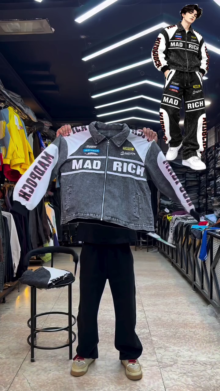 Bold Black and Grey Denim Jacket with MAD RICH Graphics – The Ultimate Streetwear Outfit for a Trendy Urban Look