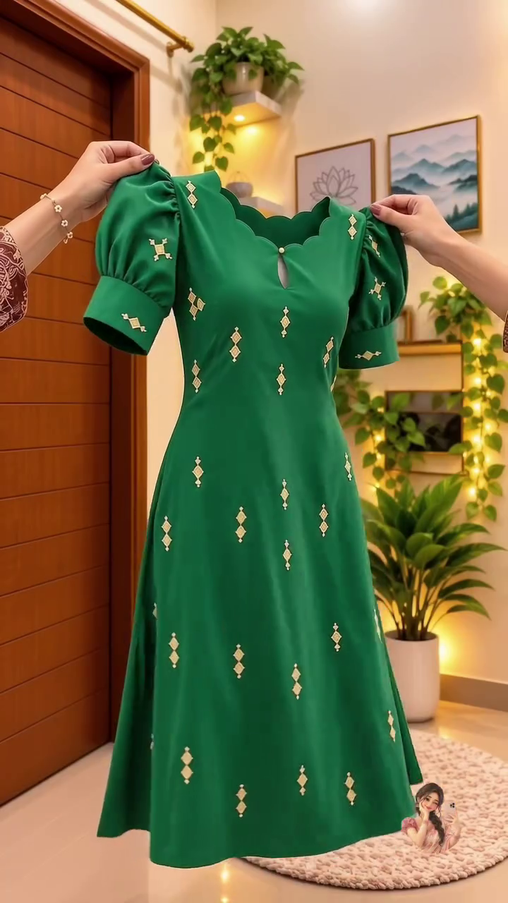 Elegant Green Embroidered Kurti with White Flared Skirt