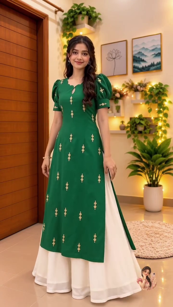 Elegant Green Embroidered Kurti with White Flared Skirt