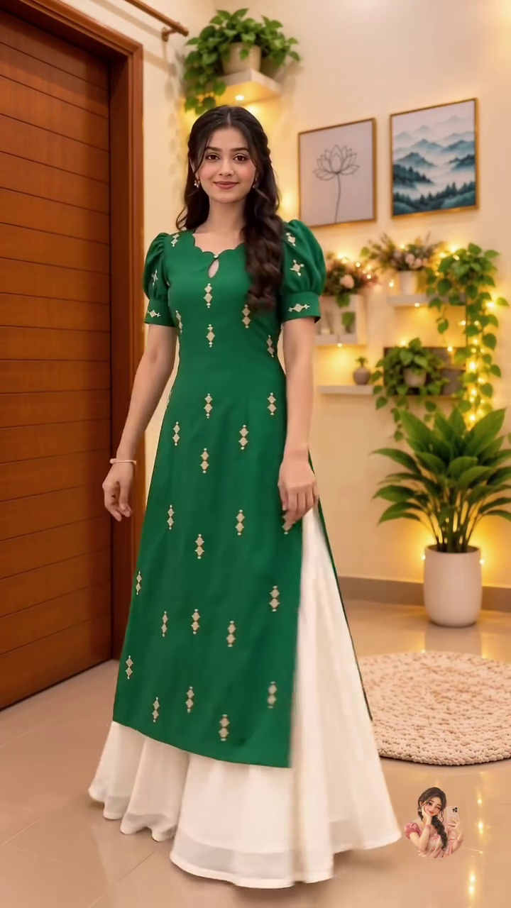 Elegant Green Embroidered Kurti with White Flared Skirt