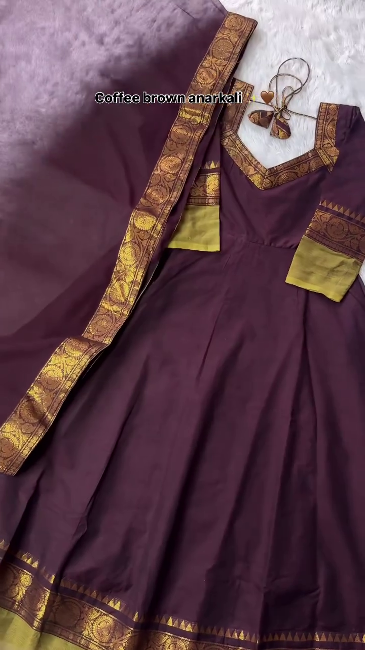 Elegant Coffee Brown Anarkali Suit with Golden Brocade Border
