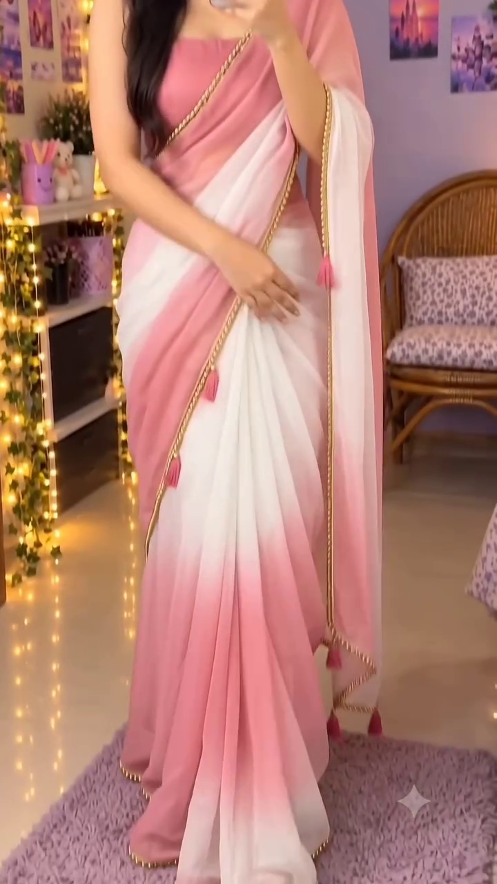 Elegant Pink and White Ombre Saree with Golden Border